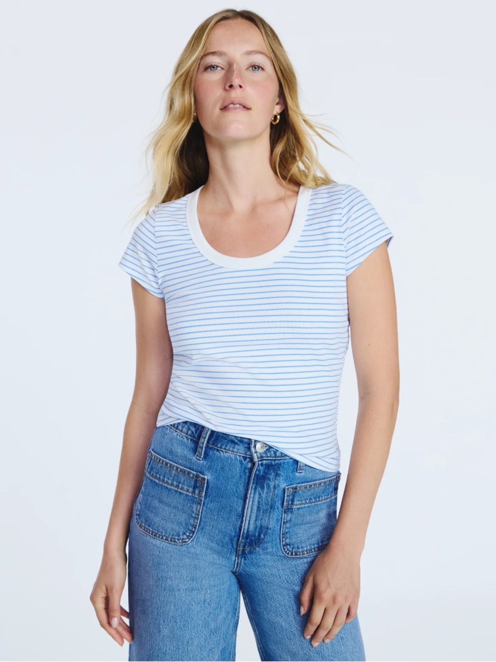 Women’s White and Light Blue Striped Scoop Neck Tee